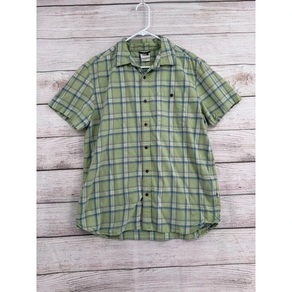 The North Face Button Up Shirt Mens L Green Plaid Short Sleeve Gorpcore Hiking